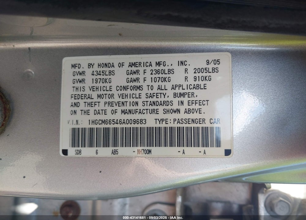 2006 HONDA ACCORD SDN EX-L V6 VIN: 1HGCM66546A009683