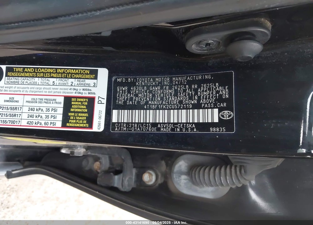2012 TOYOTA CAMRY VIN: 4T1BF1FK2CU572119