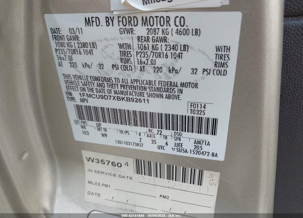 2011 FORD ESCAPE VIN: 1FMCU9D7XBKB92611