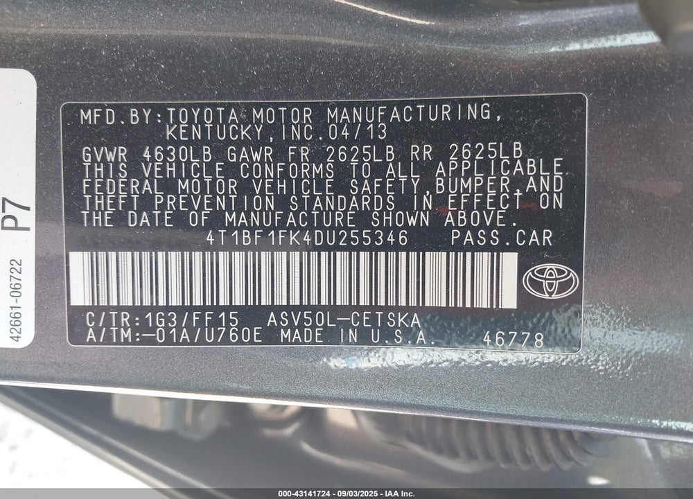 2013 TOYOTA CAMRY VIN: 4T1BF1FK4DU255346