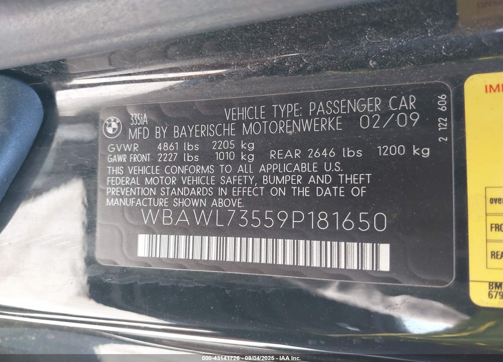 2009 BMW 3 SERIES VIN: WBAWL73559P181650