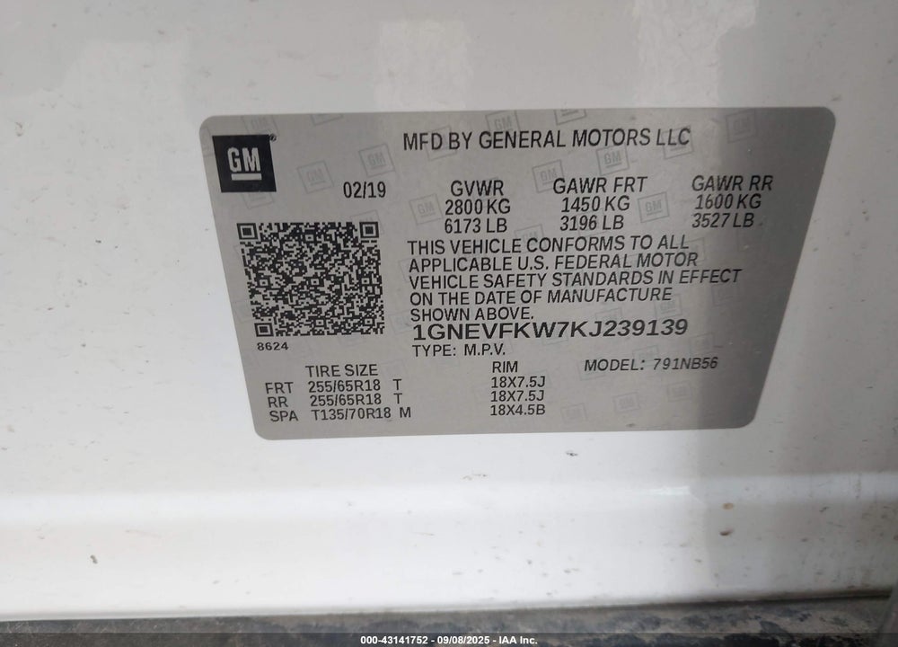 2019 CHEVROLET TRAVERSE LS VIN: 1GNEVFKW7KJ239139
