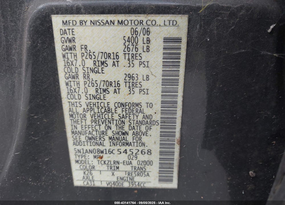 2006 NISSAN XTERRA S VIN: 5N1AN08W16C545268