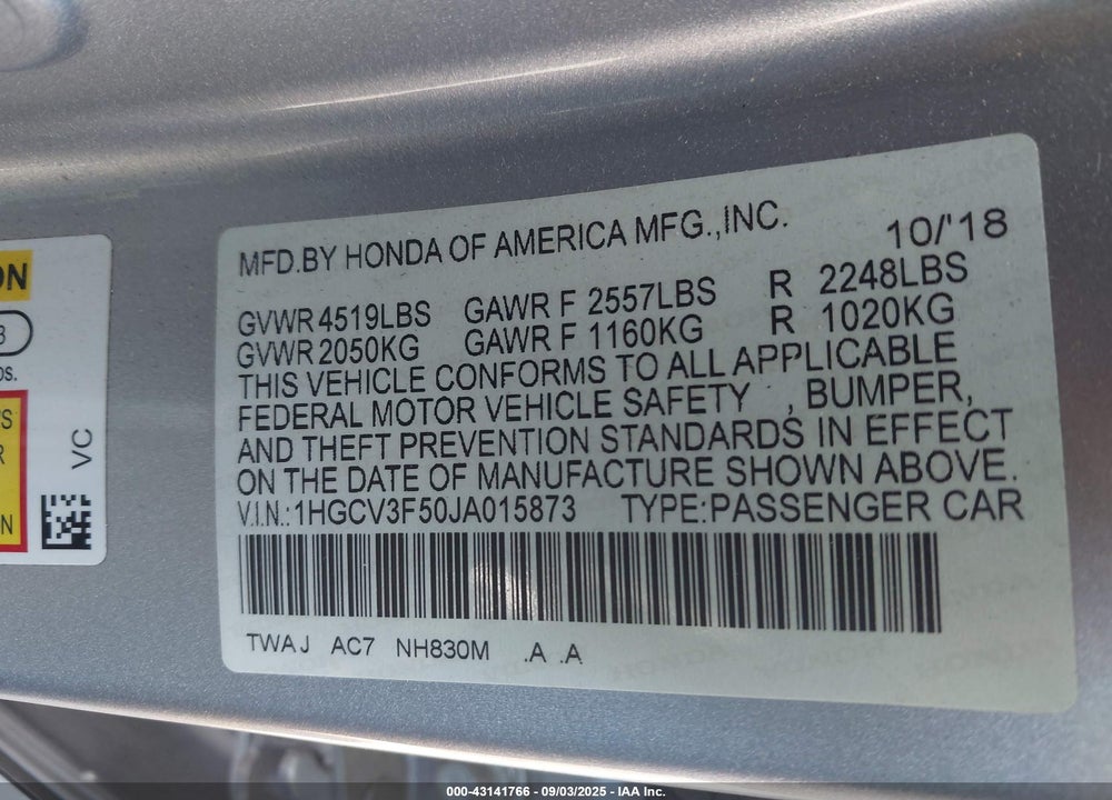 2018 HONDA ACCORD VIN: 1HGCV3F50JA015873
