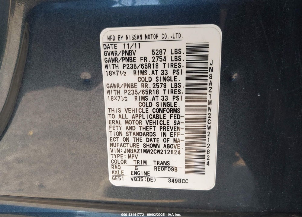 2012 NISSAN MURANO VIN: JN8AZ1MW2CW212824