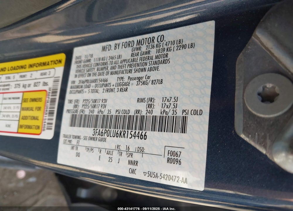 2019 FORD FUSION VIN: 3FA6P0LU6KR154466