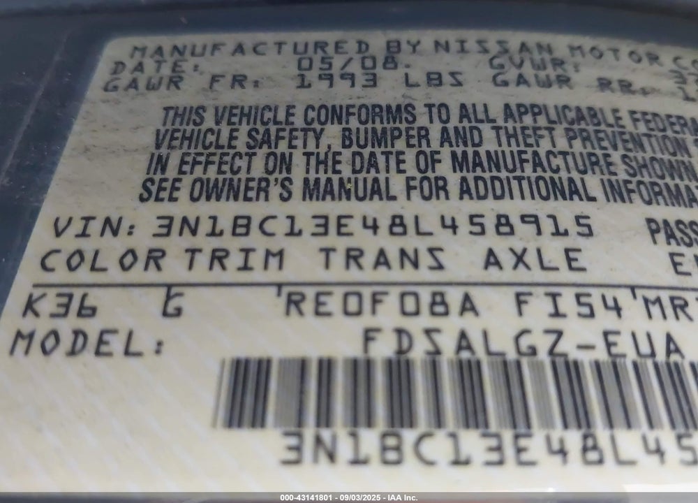 2008 NISSAN VERSA 1.8SL VIN: 3N1BC13E48L458915
