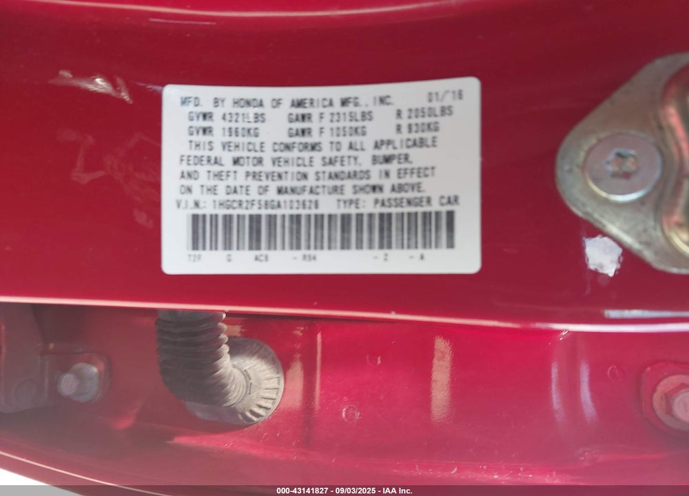 2016 HONDA ACCORD VIN: 1HGCR2F58GA103626