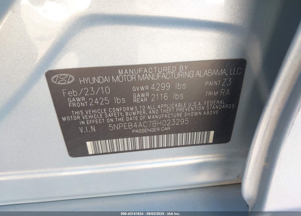2011 HYUNDAI SONATA GLS VIN: 5NPEB4AC7BH023295