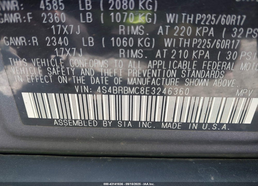 2014 SUBARU OUTBACK VIN: 4S4BRBMC8E3246360