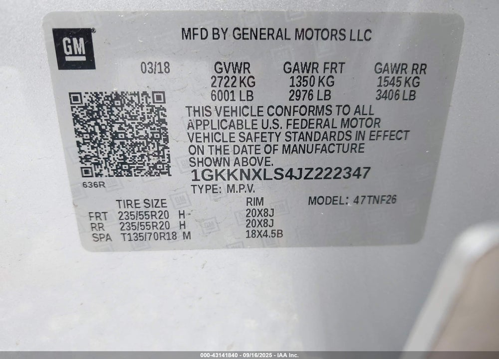 2018 GMC ACADIA VIN: 1GKKNXLS4JZ222347