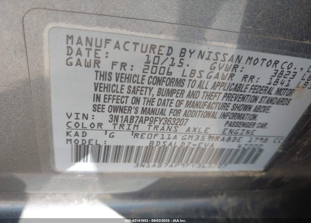 2015 NISSAN SENTRA SV VIN: 3N1AB7AP9FY363207