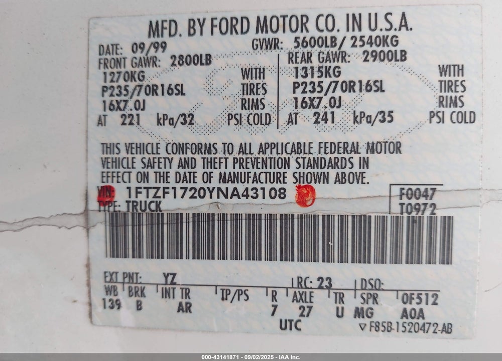 2000 FORD F-150 WORK SERIES/XL/XLT VIN: 1FTZF1720YNA43108
