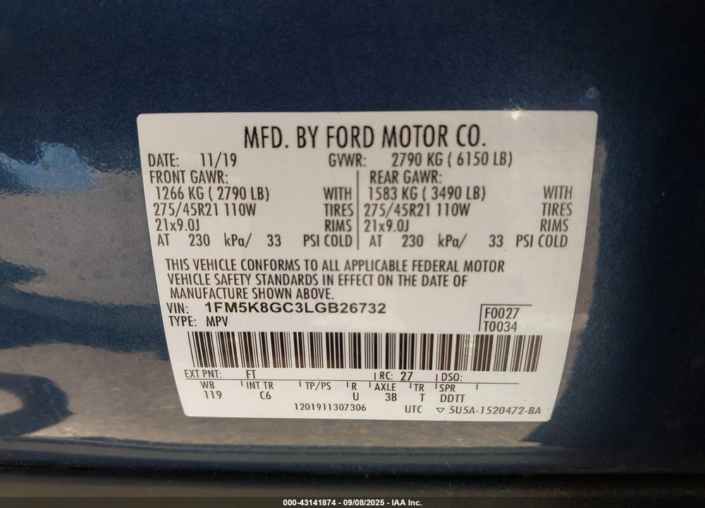2020 FORD EXPLORER ST VIN: 1FM5K8GC3LGB26732