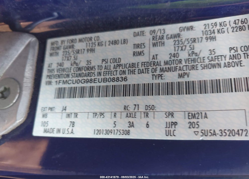 2014 FORD ESCAPE VIN: 1FMCU0G98EUB08836