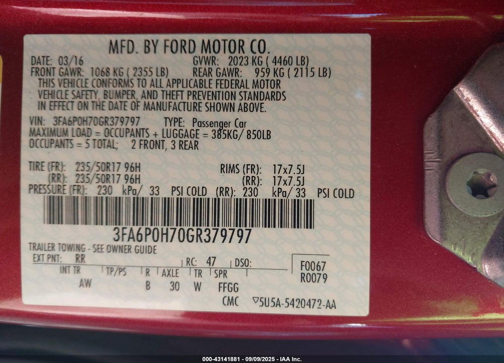 2016 FORD FUSION VIN: 3FA6P0H70GR379797