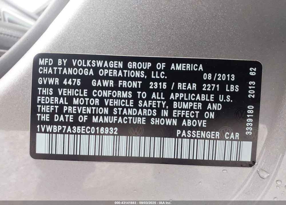 2014 VOLKSWAGEN PASSAT VIN: 1VWBP7A35EC016932
