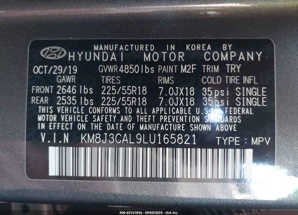2020 HYUNDAI TUCSON VIN: KM8J3CAL9LU165821
