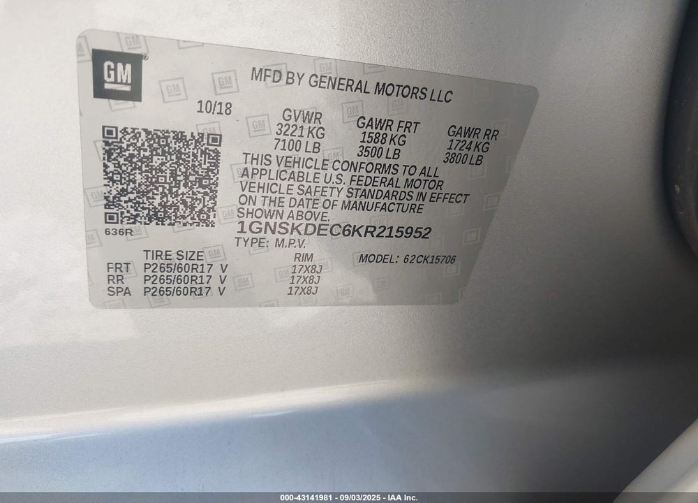 2019 CHEVROLET TAHOE VIN: 1GNSKDEC6KR215952