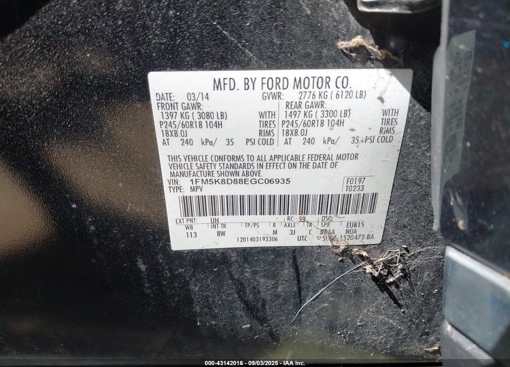 2014 FORD EXPLORER VIN: 1FM5K8D88EGC06935