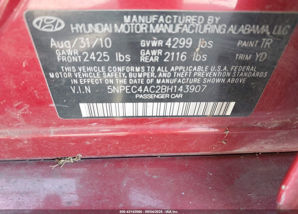 2011 HYUNDAI SONATA VIN: 5NPEC4AC2BH143907