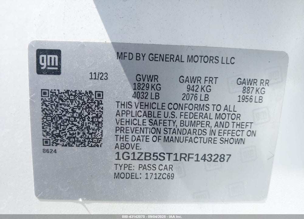2024 CHEVROLET MALIBU VIN: 1G1ZB5ST1RF143287
