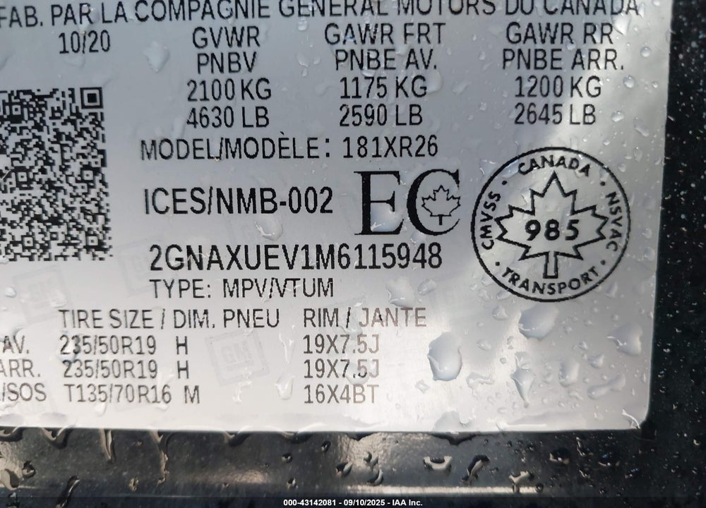 2021 CHEVROLET EQUINOX VIN: 2GNAXUEV1M6115948