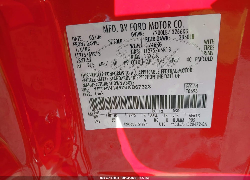 2006 FORD F-150 VIN: 1FTPW14576KD67323