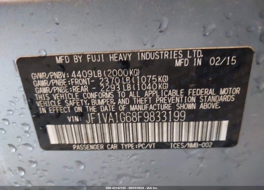 2015 SUBARU WRX LIMITED VIN: JF1VA1G68F9833199
