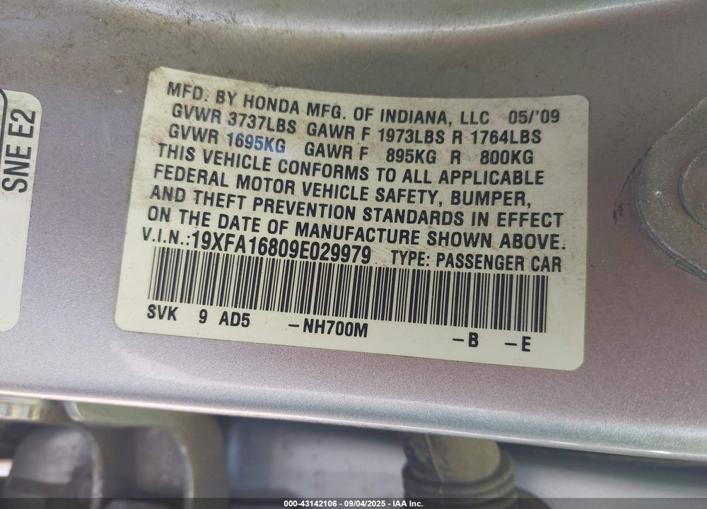 2009 HONDA CIVIC EX VIN: 19XFA16809E029979