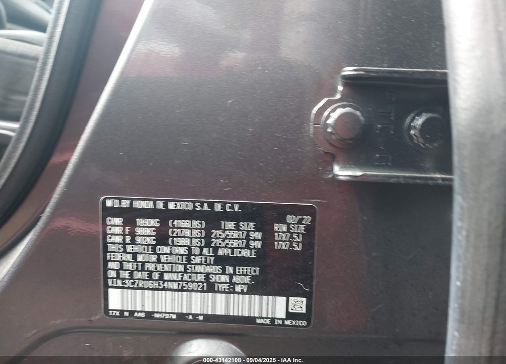 2022 HONDA HR-V VIN: 3CZRU6H34NM759021