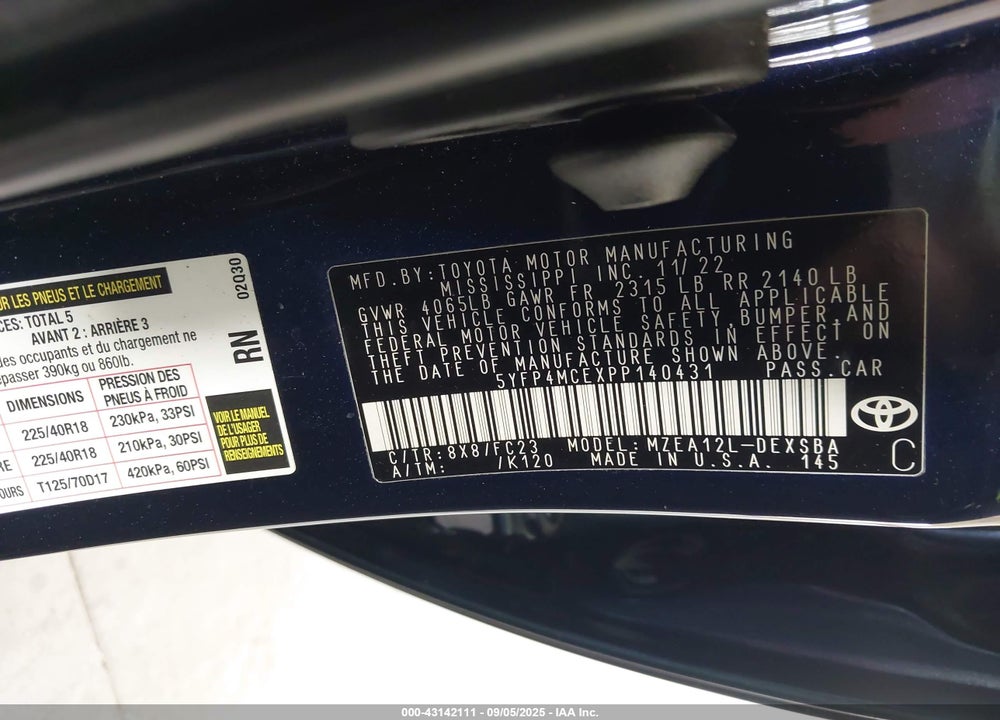 2023 TOYOTA COROLLA VIN: 5YFP4MCEXPP140431
