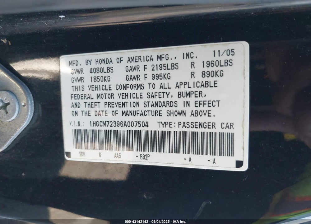 2006 HONDA ACCORD 2.4 LX VIN: 1HGCM72396A007504