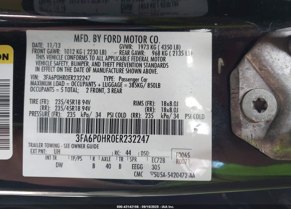 2014 FORD FUSION VIN: 3FA6P0HR0ER232247