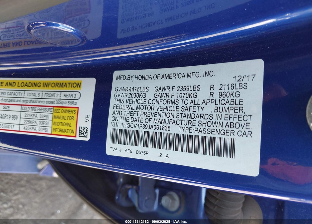 2018 HONDA ACCORD VIN: 1HGCV1F39JA061835