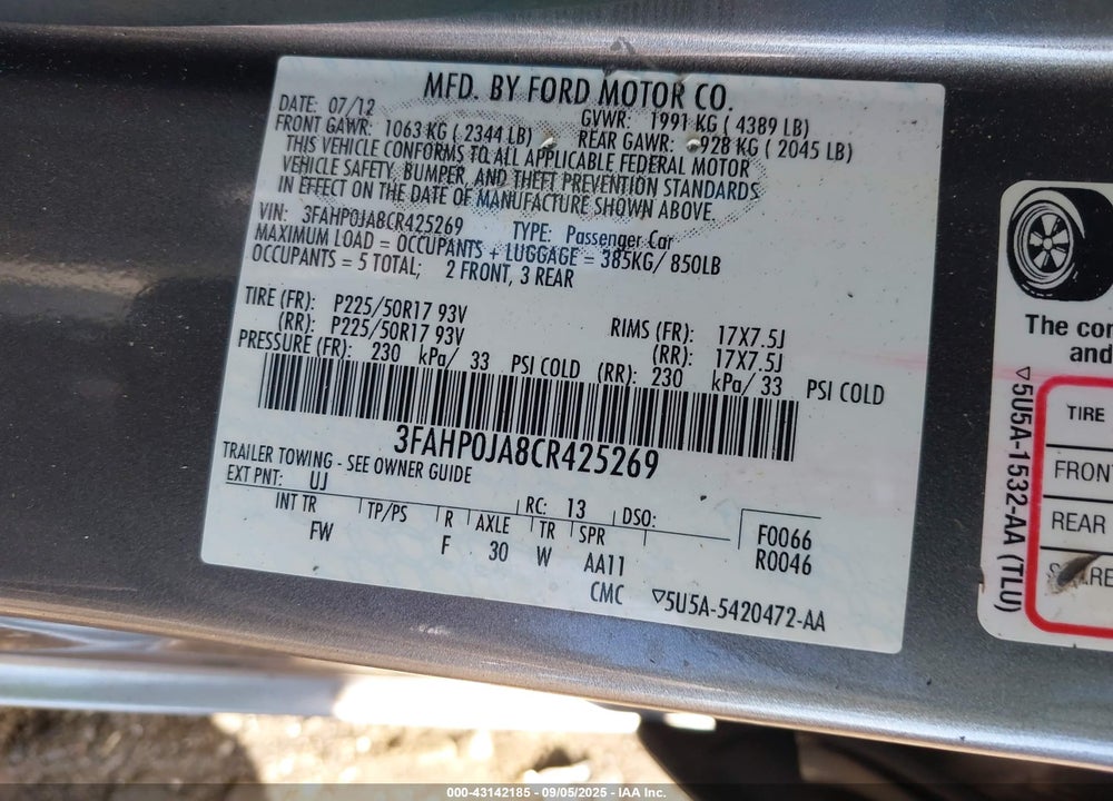 2012 FORD FUSION VIN: 3FAHP0JA8CR425269