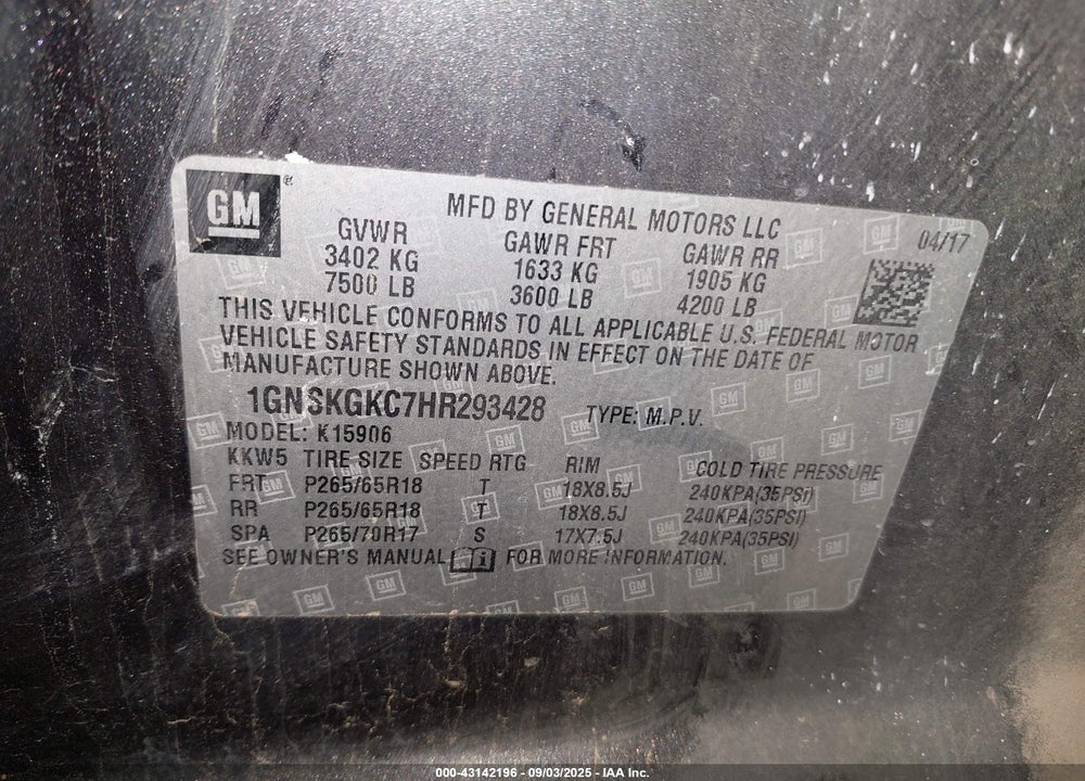 2017 CHEVROLET SUBURBAN VIN: 1GNSKGKC7HR293428