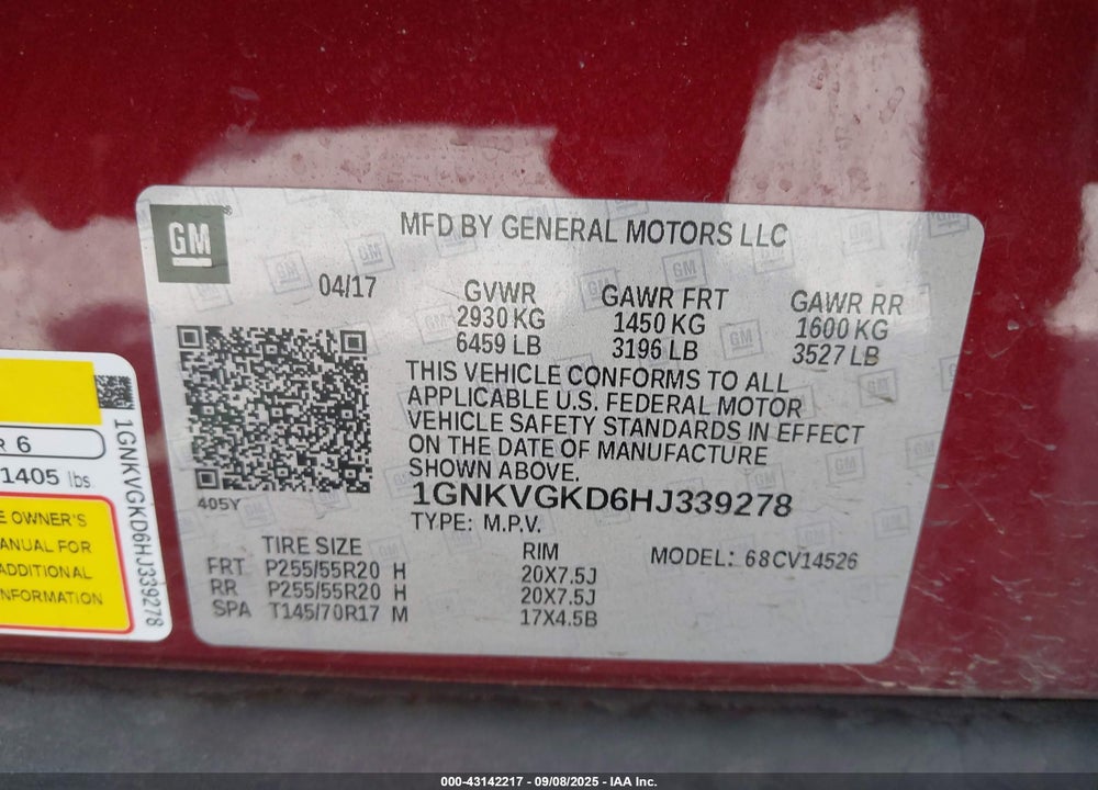 2017 CHEVROLET TRAVERSE VIN: 1GNKVGKD6HJ339278