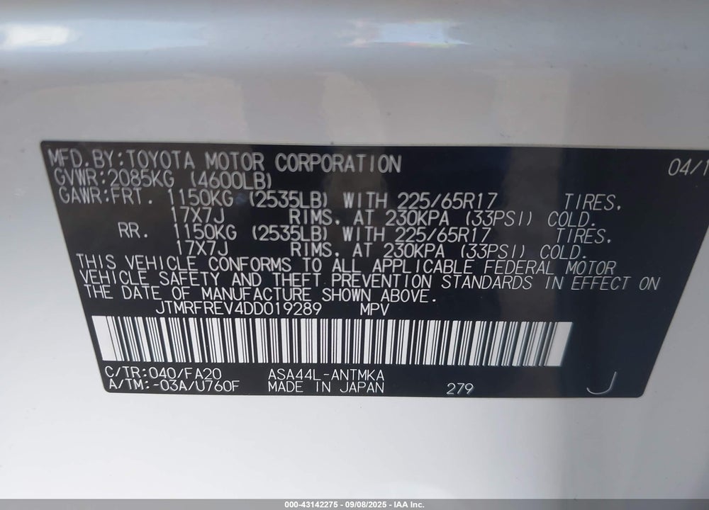 2013 TOYOTA RAV4 VIN: JTMRFREV4DD019289