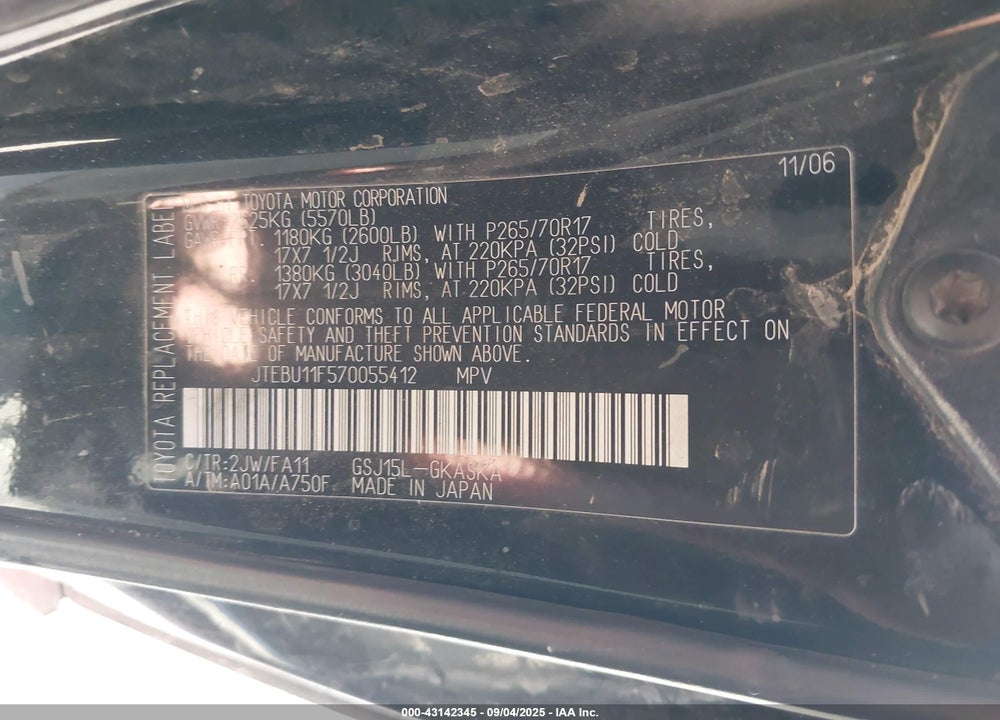 2007 TOYOTA FJ CRUISER VIN: JTEBU11F570055412