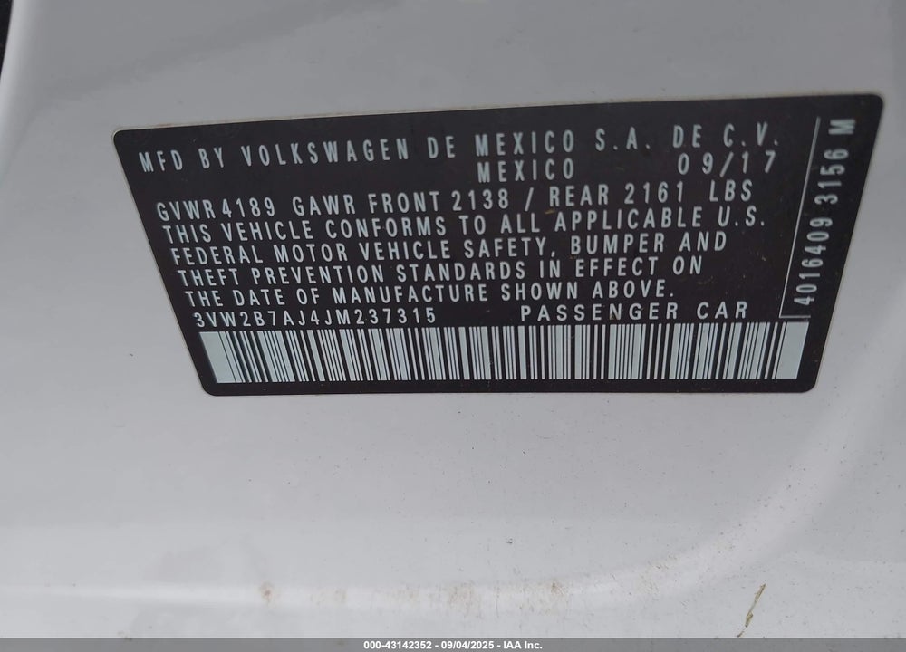 2018 VOLKSWAGEN JETTA VIN: 3VW2B7AJ4JM237315