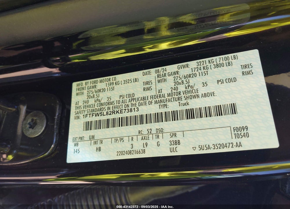 2024 FORD F-150 VIN: 1FTFW5L82RKE73813