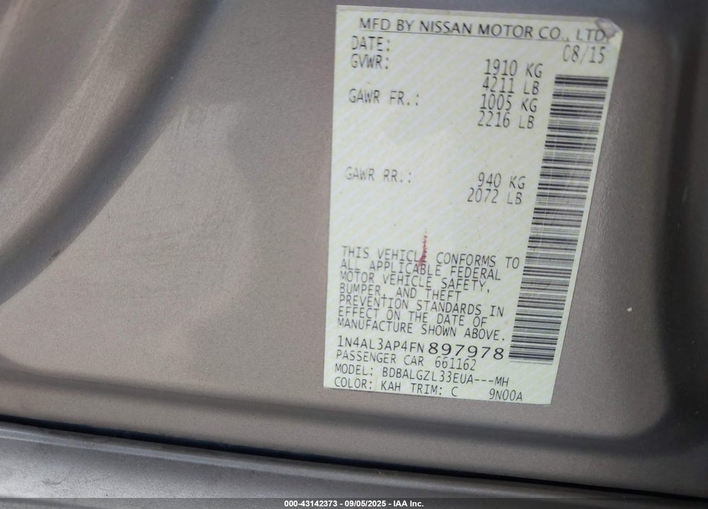 2015 NISSAN ALTIMA 2.5 S VIN: 1N4AL3AP4FN897978