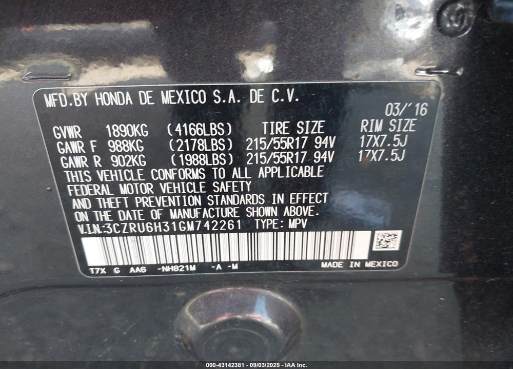 2016 HONDA HR-V VIN: 3CZRU6H31GM742261