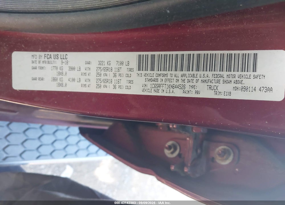 2019 RAM 1500 VIN: 1C6SRFFT1KN644526