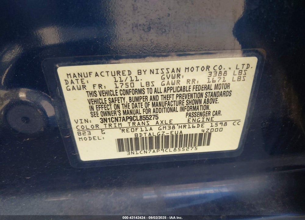 2012 NISSAN VERSA VIN: 3N1CN7AP9CL855275