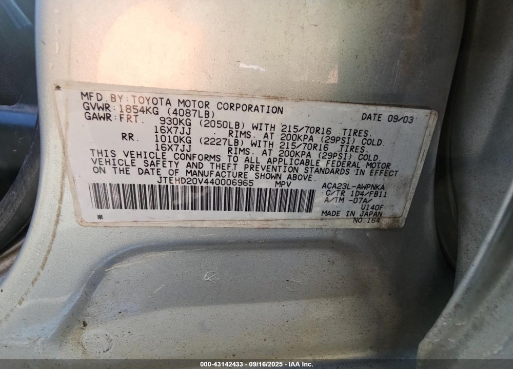 2004 TOYOTA RAV4 VIN: JTEHD20V440006965