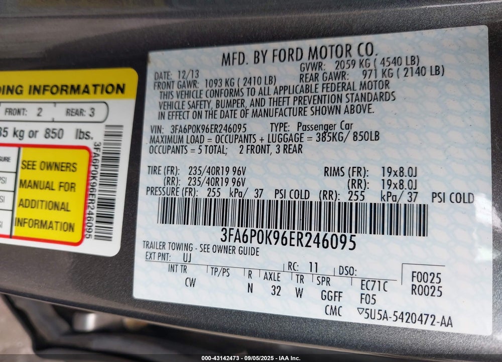 2014 FORD FUSION VIN: 3FA6P0K96ER246095