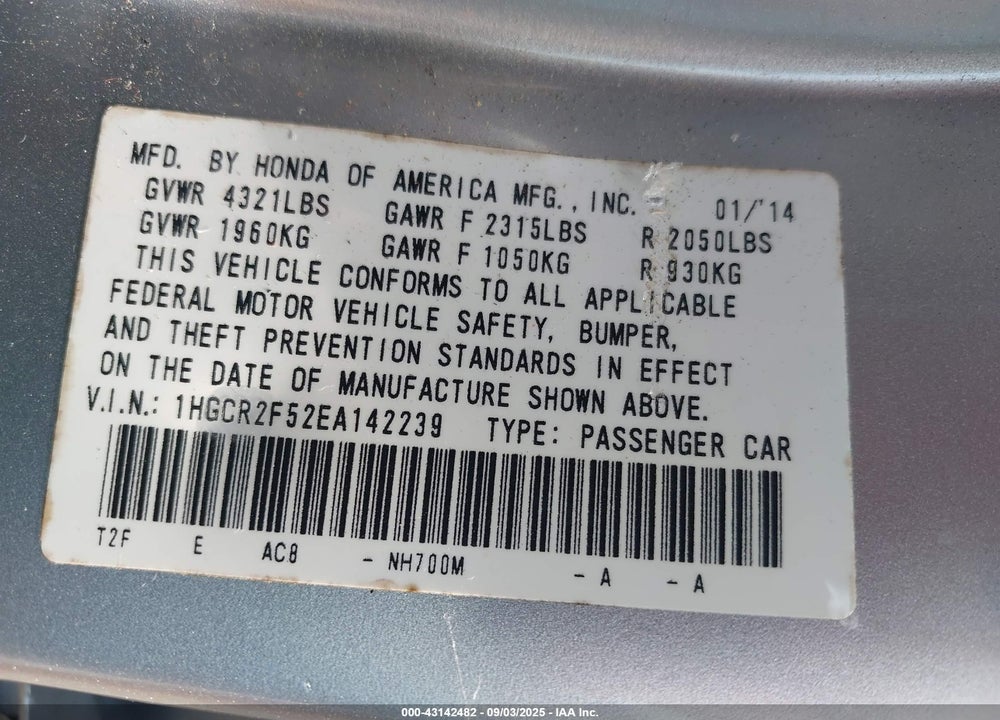 2014 HONDA ACCORD VIN: 1HGCR2F52EA142239