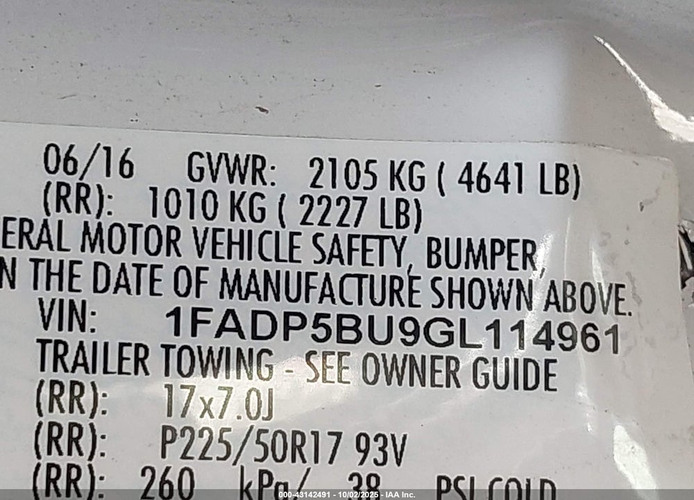 2016 FORD C-MAX VIN: 1FADP5BU9GL114961